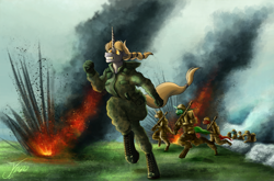 Size: 1500x990 | Tagged: safe, artist:jamescorck, oc, oc only, unicorn, anthro, unguligrade anthro, explosion, running, world war i