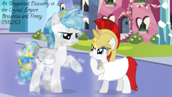 Size: 500x281 | Tagged: safe, artist:askbritanniamlp, oc, oc:britannia, oc:freeze pop, crystal pegasus, crystal pony, pegasus, pony, g4, female, helmet, mare