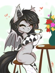 Size: 1200x1600 | Tagged: safe, artist:falafeljake, oc, oc only, oc:boggy, bat pony, pony, bat ears, bat pony oc, bat wings, belly, clothes, commission, cup, eyebrows, eyebrows visible through hair, eyes closed, female, flower, food, heart, hoof hold, leg fluff, mare, signature, sitting, smiling, socks, solo, spread wings, stool, table, tea, teacup, vase, wings