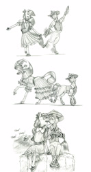 Size: 850x1600 | Tagged: safe, artist:baron engel, apple bloom, rarity, oc, oc:stone mane (baron engel), earth pony, pony, unicorn, anthro, unguligrade anthro, g4, colt, dancing, dock, female, filly, foal, food, licking, male, mare, pencil drawing, simple background, tail, tongue out, traditional art, white background
