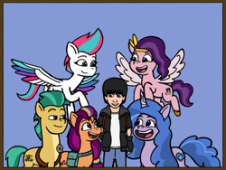 Size: 2048x1536 | Tagged: safe, artist:j-mantheangel, hitch trailblazer, izzy moonbow, pipp petals, sunny starscout, zipp storm, oc, oc:j-man, oc:jack marten, earth pony, human, pegasus, pony, unicorn, g4, g4.5, g5, my little pony: tell your tale, spoiler:g5, female, human oc, male, mane five, mane stripe sunny, mare, stallion