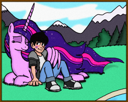 Size: 1280x1024 | Tagged: safe, artist:j-mantheangel, twilight sparkle, oc, oc:j-man, oc:jack marten, alicorn, human, g4, the last problem, converse, eyes closed, female, friendship, hug, human in equestria, human male, human oc, kiss mark, lipstick, lying down, male, mare, prone, scenery, shoes, sitting, smiling, twilight sparkle (alicorn), winghug, wings