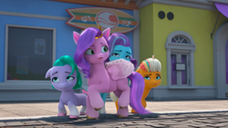 Size: 2160x1215 | Tagged: safe, screencap, glory (g5), peach fizz, pipp petals, seashell (g5), earth pony, pegasus, pony, unicorn, g5, have you seen this dragon?, my little pony: make your mark, my little pony: make your mark chapter 2, spoiler:g5, spoiler:my little pony: make your mark, spoiler:my little pony: make your mark chapter 2, spoiler:mymc02e08, :o, cute, female, filly, foal, glorydorable, hiding, mare, open mouth, peachsweet, pippsqueak trio, pippsqueaks, scared, shellabetes