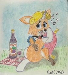 Size: 2723x3006 | Tagged: safe, artist:opti, oc, oc only, oc:guiding light, fox, pony, unicorn, alcohol, bottle, drunk bubbles, glass, high res, hug, looking at you, solo, tail, tail hug, traditional art, transformation, wine, wine bottle, wine glass