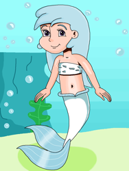 Size: 818x1087 | Tagged: safe, artist:ocean lover, cotton cloudy, human, mermaid, g4, background character, bandeau, bare shoulders, belly, belly button, boulder, bubble, child, cottonbetes, cute, fins, fish tail, happy, human coloration, humanized, long hair, looking up, mermaid tail, mermaidized, mermay, midriff, ms paint, ocean, purple eyes, sand, sleeveless, smiling, species swap, tail, tail fin, underwater, water
