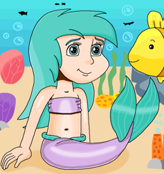 Size: 697x735 | Tagged: safe, artist:ocean lover, aura (g4), fish, human, mermaid, g4, aurabetes, background character, bandeau, bare shoulders, belly, belly button, boulder, bubble, child, coral, cute, fins, fish tail, human coloration, humanized, long hair, looking at each other, looking at someone, mermaid tail, mermaidized, mermay, midriff, ms paint, ocean, rock, sand, sea sponge, sleeveless, smiling, smiling at each other, species swap, tail, tail fin, teal eyes, underwater, water