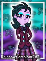 Size: 768x1024 | Tagged: safe, artist:rainbowstarcolour262, part of a set, zephyr, human, series:equ wallpapers, equestria girls, g4, my little pony equestria girls: friendship games, abstract background, background human, bowtie, clothes, crystal prep academy uniform, crystal prep shadowbolts, cutie mark background, eyeshadow, female, hand behind back, makeup, part of a series, plaid skirt, pleated skirt, school uniform, shirt, signature, skirt, solo