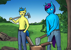 Size: 1824x1290 | Tagged: safe, artist:apocheck13, oc, unicorn, anthro, axe, clothes, duo, field, horn, log, male, pants, partial nudity, topless, tree stump, unicorn oc, weapon
