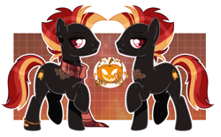 Size: 3880x2403 | Tagged: safe, artist:dixieadopts, oc, oc only, oc:pumpkin dusk, earth pony, pony, anklet, brown background, clothes, ear piercing, earring, freckles, frown, grid, high res, jewelry, leg freckles, lidded eyes, long scarf, magenta eyes, male, necklace, orange background, piercing, pumpkin, raised hoof, scarf, simple background, solo, stallion, striped scarf, transparent background, walking
