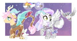 Size: 3402x1827 | Tagged: safe, artist:dixieadopts, oc, oc only, oc:hazel ember, oc:summer snow, bird, draconequus, hybrid, owl, rabbit, animal, antlers, bat wings, body markings, bracelet, circlet, claws, colored eartips, colored muzzle, colored paws, colored wings, cyan eyes, draconequus hybrid, ears back, eyeshadow, facial markings, fangs, flower, flower in hair, freckles, gradient background, gradient mane, gradient tail, gradient wings, horn, horn jewelry, interspecies offspring, jewelry, leg fluff, leg freckles, leonine tail, makeup, mismatched horns, nervous, nervous smile, offspring, parent:discord, parent:fluttershy, parents:discoshy, paws, purple background, raised paw, siblings, simple background, smiling, spread wings, standing, stars, tail, tail jewelry, transparent background, turned head, watermark, whiskers, wings, yellow eyes