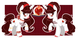 Size: 3880x1896 | Tagged: safe, artist:dixieadopts, oc, oc only, oc:burning heart, pony, unicorn, beauty mark, bracelet, choker, colored hooves, colored muzzle, ear piercing, earring, eye clipping through hair, female, freckles, gradient muzzle, grid, hairband, hooped earrings, jewelry, looking at you, mare, necklace, piercing, red background, red eyes, simple background, smiling, solo, standing on two hooves, transparent background, unshorn fetlocks