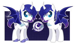 Size: 3880x2231 | Tagged: safe, artist:dixieadopts, oc, oc only, oc:moon's muse, alicorn, bat pony, bat pony alicorn, pony, bat wings, blue background, choker, colored wings, crescent moon, curved horn, cyan eyes, ethereal mane, gradient mane, gradient tail, grid, high res, hoof shoes, horn, jewelry, looking at you, male, male alicorn, male alicorn oc, moon, necklace, short tail, simple background, solo, sparkly mane, sparkly tail, spread wings, stallion, standing, starry mane, starry tail, tail, transparent background, wings