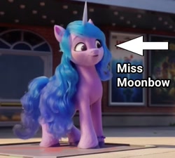 Size: 732x660 | Tagged: safe, edit, edited screencap, screencap, izzy moonbow, pony, unicorn, g5, my little pony: a new generation, spoiler:my little pony: a new generation, arrow, bracelet, captain obvious, cinema, cropped, cute, female, friendship bracelet, izzybetes, jewelry, mare, solo, unshorn fetlocks