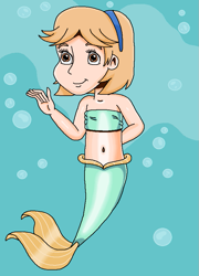 Size: 635x880 | Tagged: safe, artist:ocean lover, peach fuzz, human, mermaid, g4, background character, bandeau, bare shoulders, belly, belly button, blue background, bubble, cheerful, child, cute, diapeaches, female, fins, fish tail, hand behind back, happy, headband, human coloration, humanized, light skin, looking at you, mermaid tail, mermaidized, mermay, midriff, ms paint, ocean, short hair, simple background, sleeveless, smiling, smiling at you, solo, species swap, tail, tail fin, underwater, water, waving, waving at you