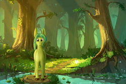 Size: 1024x684 | Tagged: safe, artist:kujivunia, edit, oc, oc only, bird, dryad, earth pony, owl, pony, big ears, crepuscular rays, earth pony oc, forest, full body, solo, water