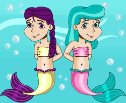Size: 1033x845 | Tagged: safe, artist:ocean lover, aquamarine, boysenberry, human, mermaid, g4, adorable face, background character, bandeau, bare shoulders, bashful, belly, belly button, blue background, boysenbetes, braid, bubble, child, cute, duo, duo female, female, fins, fish tail, hand behind back, human coloration, humanized, kids, looking at you, mermaid lovers, mermaid tail, mermaidized, mermay, midriff, ms paint, ocean, purple eyes, shy, simple background, sleeveless, smiling, smiling at you, species swap, tail, tail fin, teal eyes, two toned hair, underwater, water