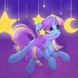 Size: 2000x2000 | Tagged: safe, artist:one4pony, oc, oc only, oc:starbow cloudy, pony, unicorn, crescent moon, heterochromia, high res, horn, moon, solo, stars, unicorn oc