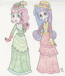 Size: 1203x1400 | Tagged: safe, artist:bageloftime, pinkie pie, twilight sparkle, alicorn, human, equestria girls, g4, clothes, dress, duo, female, gown, hat, humanized, long dress, long skirt, skirt, twilight sparkle (alicorn), western
