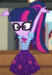 Size: 241x346 | Tagged: safe, screencap, sci-twi, twilight sparkle, human, equestria girls, equestria girls specials, g4, my little pony equestria girls: better together, my little pony equestria girls: holidays unwrapped, the cider louse fools, armpits, arms in the air, bowtie, clothes, cutie mark on clothes, geode of telekinesis, glasses, hands in the air, jewelry, magical geodes, pendant, pockets, polo shirt, ponytail, skirt, solo