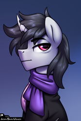 Size: 2000x3000 | Tagged: safe, artist:jedayskayvoker, oc, oc:zec, hybrid, pony, bags under eyes, bust, clothes, gradient background, high res, hybrid oc, icon, jacket, looking back, male, patreon, patreon reward, portrait, red eyes, scarf, shirt, solo, stallion, t-shirt, thick eyebrows