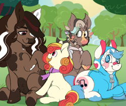 Size: 697x585 | Tagged: safe, artist:woofpoods, oc, oc only, oc:dinosaurchestra, oc:hushknack, oc:littleseed, cow, cow pony, earth pony, pony, clothes, cowboy, female, filly, foal, group, group photo, hoodie, male, meadow, nature, stallion, udder