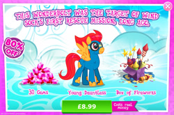 Size: 1960x1297 | Tagged: safe, gameloft, idw, dauntless, pegasus, pony, g4, my little pony: magic princess, advertisement, aviator goggles, clothing damage, costs real money, english, fireworks, gem, goggles, idw showified, introduction card, male, mobile game, numbers, sale, solo, spread wings, stallion, text, wings, young dauntless