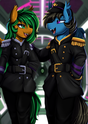 Size: 2551x3583 | Tagged: safe, artist:pridark, oc, oc only, bat pony, anthro, bat pony oc, clothes, commission, duo, high res, male, open mouth, uniform