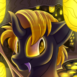 Size: 1100x1100 | Tagged: safe, artist:starcasteclipse, oc, oc only, oc:moon sparks, changeling, bust, changeling oc, changelingified, male, portrait, solo, species swap, sternocleidomastoid, yellow changeling