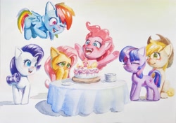 Size: 4400x3104 | Tagged: safe, artist:ph平和, applejack, fluttershy, pinkie pie, rainbow dash, rarity, twilight sparkle, earth pony, pegasus, pony, unicorn, g4, birthday, birthday cake, cake, crying, food, happy, mane six, party, smiling, tears of joy, traditional art, unicorn twilight, watercolor painting