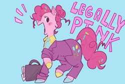 Size: 1500x1000 | Tagged: safe, artist:mokeonn, pinkie pie, earth pony, pony, g4, blue background, briefcase, clothes, emanata, hooves, legally blonde, light blue background, multicolored hooves, necktie, open mouth, open smile, reference, simple background, smiling, solo, suit