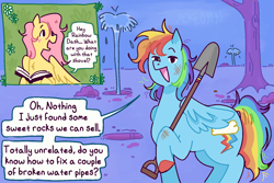 Size: 1500x1000 | Tagged: safe, artist:mokeonn, fluttershy, rainbow dash, pegasus, pony, g4, book, dialogue, digging, duo, hole, reading, shovel, water