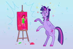 Size: 1500x1000 | Tagged: safe, artist:mokeonn, twilight sparkle, alicorn, pony, g4, :d, beret, bipedal, cute, drawing, easel, gradient background, hat, hind legs, open mouth, open smile, painting, smiling, solo, twiabetes, twilight sparkle (alicorn)