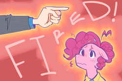 Size: 1500x1000 | Tagged: safe, artist:mokeonn, pinkie pie, earth pony, pony, g4, clothes, fired, hand, necktie, sad, solo focus, suit