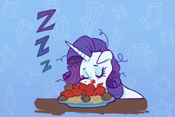Size: 1500x1000 | Tagged: safe, artist:mokeonn, rarity, pony, unicorn, g4, food, meat, meatball, messy eating, messy mane, onomatopoeia, pasta, ponies eating meat, sleeping, snoring, solo, sound effects, spaghetti, tired, zzz