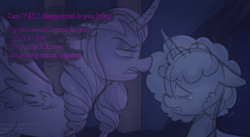 Size: 1201x659 | Tagged: safe, anonymous artist, misty brightdawn, opaline arcana, alicorn, pony, unicorn, series:misty pov, g5, afro, alternate hairstyle, crying, curved horn, dialogue, duckery in the comments, duo, duo female, ears back, fat shaming, female, floppy ears, gaslighting, glare, horn, implied mistypetals, implied pipp petals, jewelry, looking away, mare, misty deserves better, narrowed eyes, necklace, opabitch, opaline arcana is not amused, ringlets, shaking, spread wings, teary eyes, trembling, unamused, wings