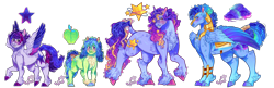 Size: 3500x1140 | Tagged: safe, artist:bunnari, oc, oc only, oc:chromatic cumulonimbus, oc:sew-n-sow ii, oc:star streak, oc:till dawn, earth pony, pegasus, pony, unicorn, armor, bow, chest fluff, feathered fetlocks, female, fluffy, height difference, magical gay spawn, mare, offspring, parent:big macintosh, parent:flash sentry, parent:fluttershy, parent:pinkie pie, parent:rainbow dash, parent:shining armor, parent:twilight sparkle, parent:zephyr breeze, parents:flashlight, parents:fluttermac, parents:shiningpie, parents:zephdash, simple background, tail, tail bow, transparent background, unshorn fetlocks