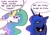 Size: 2360x1640 | Tagged: safe, artist:lrusu, princess celestia, princess luna, alicorn, pony, g4, blush sticker, blushing, crown, dialogue, duo, duo female, eye clipping through hair, eyebrows, eyebrows visible through hair, eyes closed, female, floppy ears, frown, glare, grumpy, horn, jewelry, mare, morning, morning ponies, open mouth, open smile, regalia, royal sisters, siblings, signature, simple background, sisters, smiling, speech bubble, unamused, white background, wings