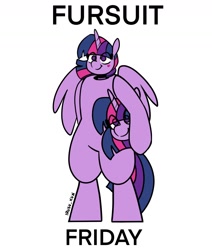 Size: 1326x1564 | Tagged: safe, artist:lrusu, twilight sparkle, alicorn, pony, g4, bipedal, clothes, disembodied head, female, friday, fursuit, partially undressed, ponysuit, simple background, suit, text, twilight sparkle (alicorn), white background