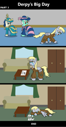 Size: 1920x3691 | Tagged: safe, artist:platinumdrop, bon bon, derpy hooves, lyra heartstrings, sweetie drops, earth pony, pegasus, pony, unicorn, comic:derpy's big day, g4, 3 panel comic, clothes, comic, commission, couch, covering face, crying, curtains, dress, dresser, ears back, eyes closed, female, floppy ears, flyer, folded wings, hat, hiding face, indoors, looking at someone, looking down, lying down, mare, muffin, open mouth, prone, sad, table, tears of sadness, walking, walking away, window, wings, wings down