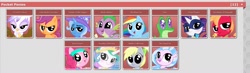 Size: 1453x423 | Tagged: safe, big macintosh, derpy hooves, gilda, gummy, pinkie pie, princess celestia, princess luna, rainbow dash, rarity, scootaloo, silverstream, spike, trixie, alicorn, alligator, bird, earth pony, pegasus, pony, g4, baby, cape, clothes, collection, crown, cute, female, filly, foal, hat, headband, horn, jewelry, necklace, pocket ponies, power ponies, regalia, sparkly eyes, stars, straw in mouth, trixie's cape, trixie's hat, wingding eyes