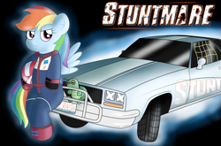 Size: 5009x3300 | Tagged: safe, artist:sparkfler85, derpibooru exclusive, rainbow dash, tank, pegasus, pony, tortoise, g4, car, clothes, cutie mark on clothes, dhx media logo, female, gradient background, hasbro logo, helmet, logo, my little pony logo, oldsmobile, oldsmobile cutlass, parody, plushie, racing suit, solo, spread wings, stuntman, vehicle, wings