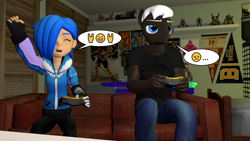 Size: 5120x2880 | Tagged: safe, artist:mr-wolfapex, part of a set, oc, oc:jake, human, anthro, series:smg4 stallions, 3d, cheering, emoji, male, playing video games, smg4, stallion, tari, unamused