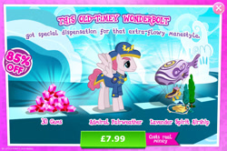 Size: 1962x1301 | Tagged: safe, gameloft, admiral fairweather, pegasus, pony, g4, my little pony: magic princess, advertisement, airship, clothes, costs real money, english, gem, hat, introduction card, male, mobile game, numbers, sale, solo, spread wings, stallion, text, tree, wings
