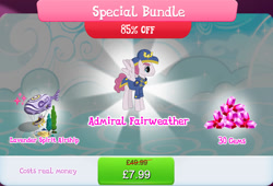 Size: 1263x860 | Tagged: safe, gameloft, admiral fairweather, pegasus, pony, g4, my little pony: magic princess, airship, bundle, clothes, costs real money, english, gem, hat, male, mobile game, numbers, sale, solo, spread wings, stallion, text, tree, wings