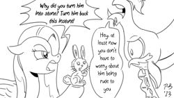 Size: 900x506 | Tagged: safe, artist:pony-berserker, angel bunny, discord, fluttershy, draconequus, pegasus, pony, rabbit, pony-berserker's twitter sketches, pony-berserker's twitter sketches (2023), g4, animal, fluttershy is not amused, petrification, simple background, stone, transformed, unamused, upside down, white background