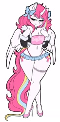 Size: 1439x2914 | Tagged: safe, artist:valcanicwitch, oc, oc only, oc:nekonin, alicorn, anthro, alicorn oc, arm hooves, bedroom eyes, bow, boy toy, breasts, chest fluff, clothes, collar, curved horn, femboy, garter, hair bow, high heels, horn, jacket, looking at you, male, microskirt, miniskirt, panties, shoes, simple background, skirt, solo, thong, underwear, white background, wide hips, wings