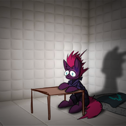 Size: 2025x2025 | Tagged: safe, artist:ashel_aras, tempest shadow, pony, unicorn, g4, fear, flag, high res, mattress, padded cell, solo, table