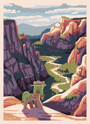 Size: 2690x3718 | Tagged: safe, artist:dandy, oc, oc only, oc:sylvia evergreen, pegasus, pony, braid, braided pigtails, canyon, cloud, female, hair tie, hat, high res, mare, mountain, nature, outdoors, pegasus oc, pigtails, ranger, river, scenery, scenery focus, sky, solo, valley, water, wings