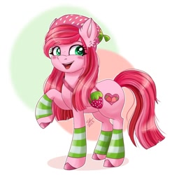 Size: 1118x1138 | Tagged: safe, artist:galaxy swirl, earth pony, pony, beanie, blushing, clothes, female, freckles, hat, leg warmers, mare, ponified, raised hoof, smiling, solo, strawberry shortcake, strawberry shortcake (character), strawberry shortcake berry in the big city