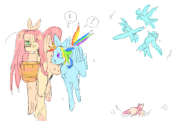 Size: 853x600 | Tagged: safe, artist:hoofpeet, fluttershy, rainbow dash, pegasus, pony, g4, basket, duo, exclamation point, flying, simple background, white background